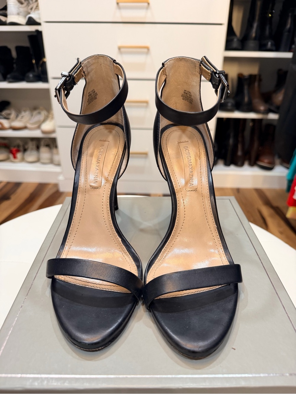 BCBGMAXAZRIA MA-DONA Black Leather Ankle Strap Stiletto Sandals | Size 8M